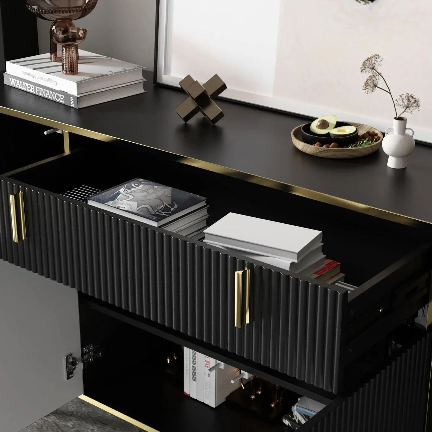 63" Modern Sideboard with Drawer & Pop‑Up Doors – Metal Legs
