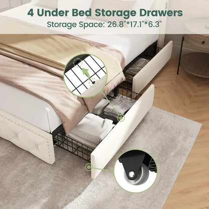 King Upholstered Bed Frame w/ 4 Drawers, LED & USB — Beige