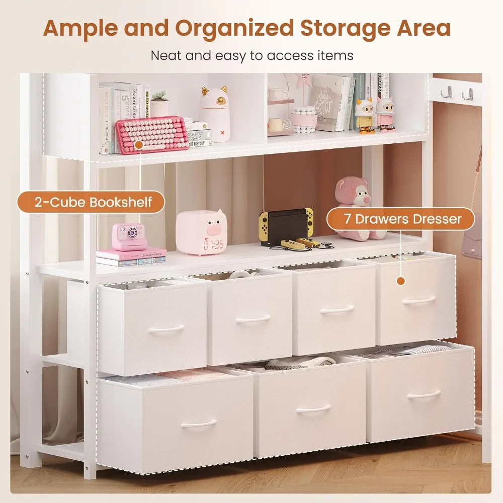 Full Loft Bed w/ L‑Desk, 7 Drawers, LED & USB — White
