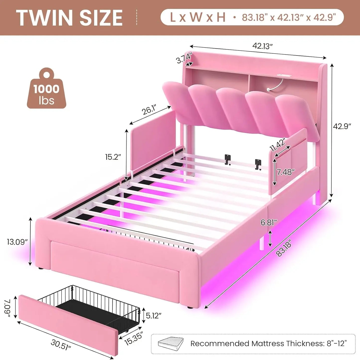 Twin Princess Bed Frame with Storage Drawer & LED Guardrails