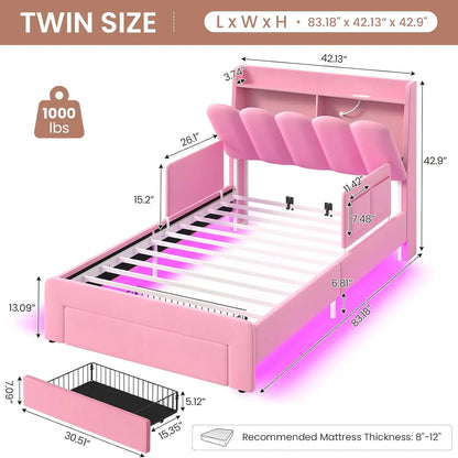 Twin Princess Bed Frame with Storage Drawer & LED Guardrails