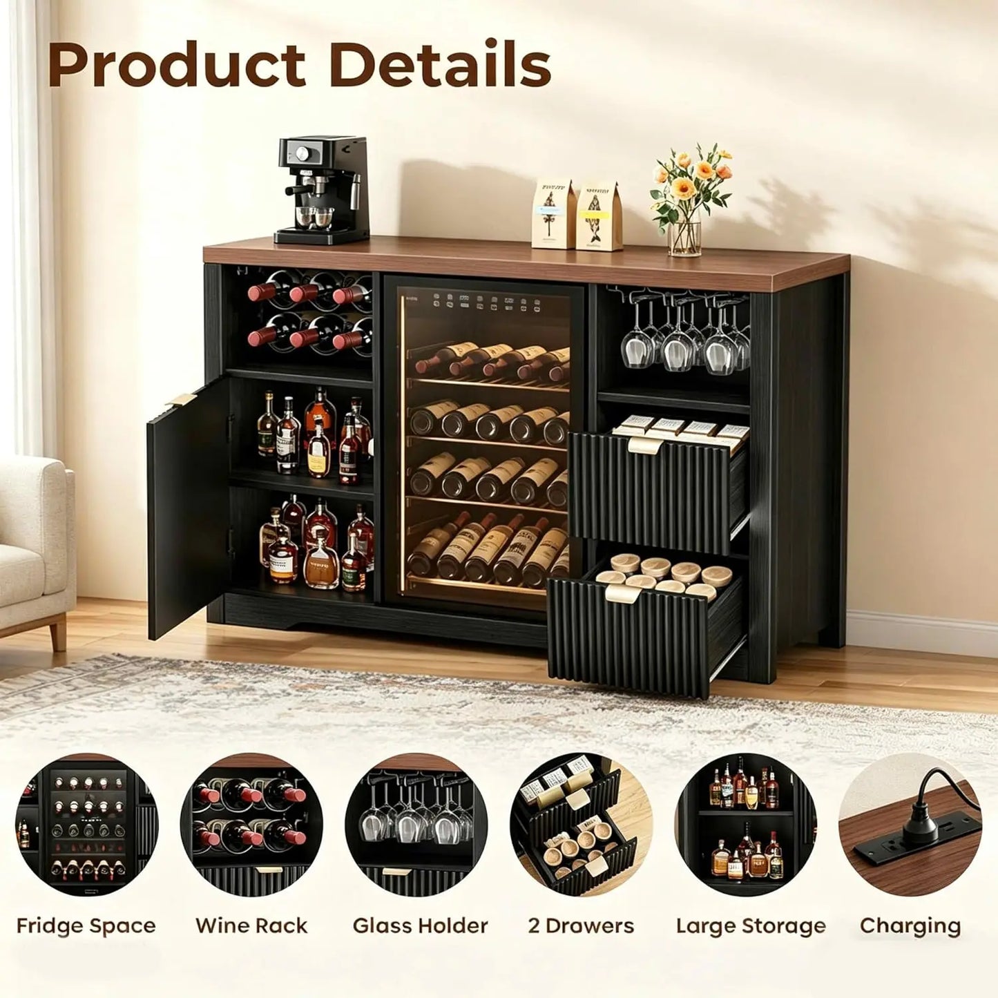 53" Coffee Bar Cabinet with Fridge Space & Storage Drawer (Custom)