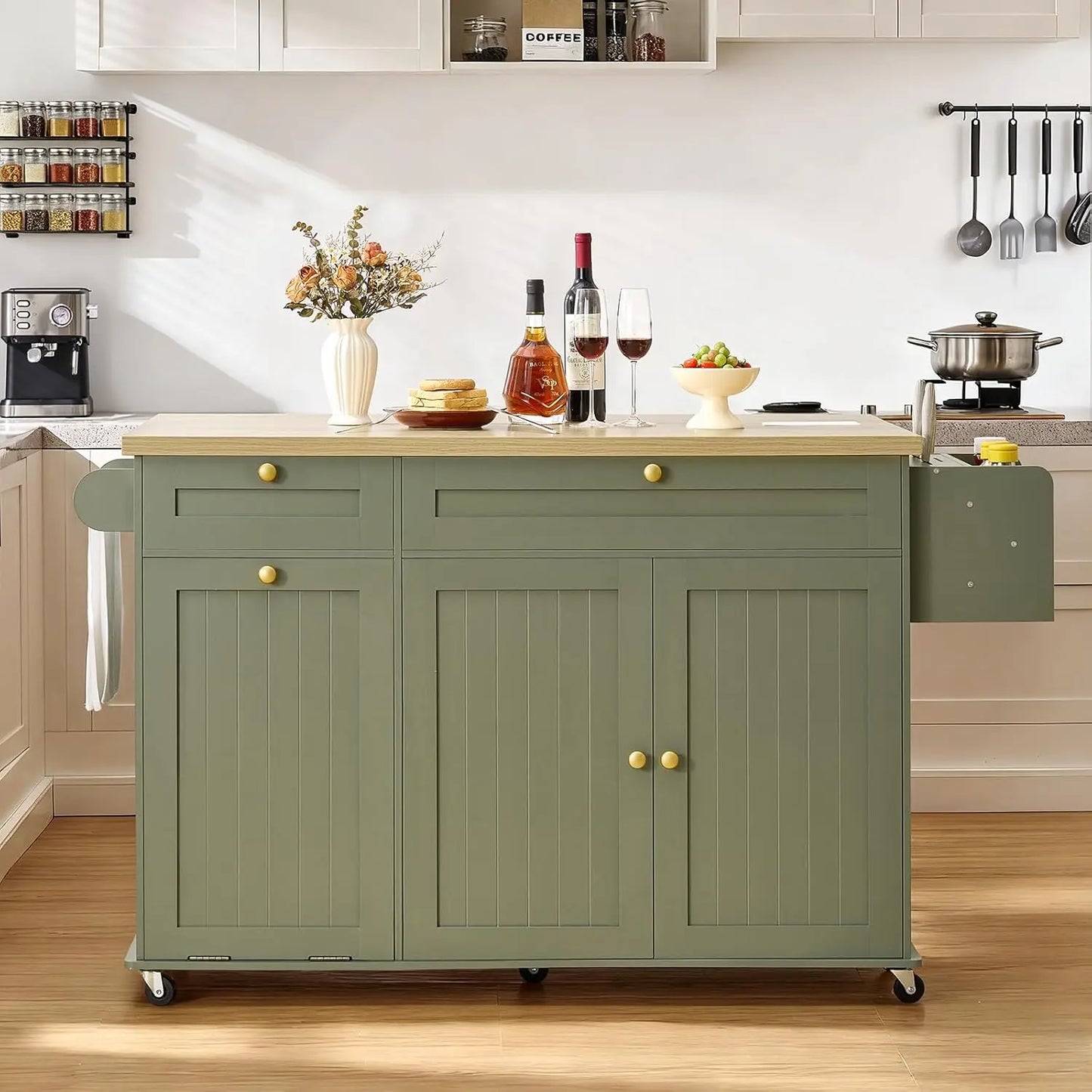 60.2" Kitchen Islands with Storage, Rolling Island Table with Trash Can Storage Cabinet, Mobile Island Cart with, Customized
