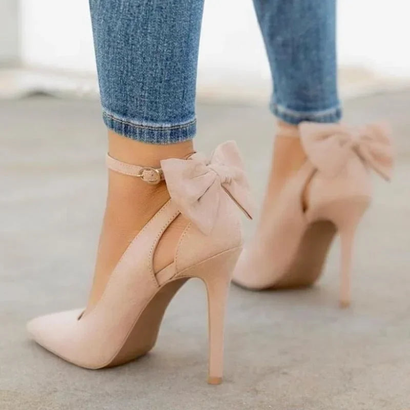 Women's High Heels Bow Tie Back Sexy Stiletto Pumps Pointed Toe Bowknot 11cm Sexy Ankle Strap High Heeled Female Wedding Shoes