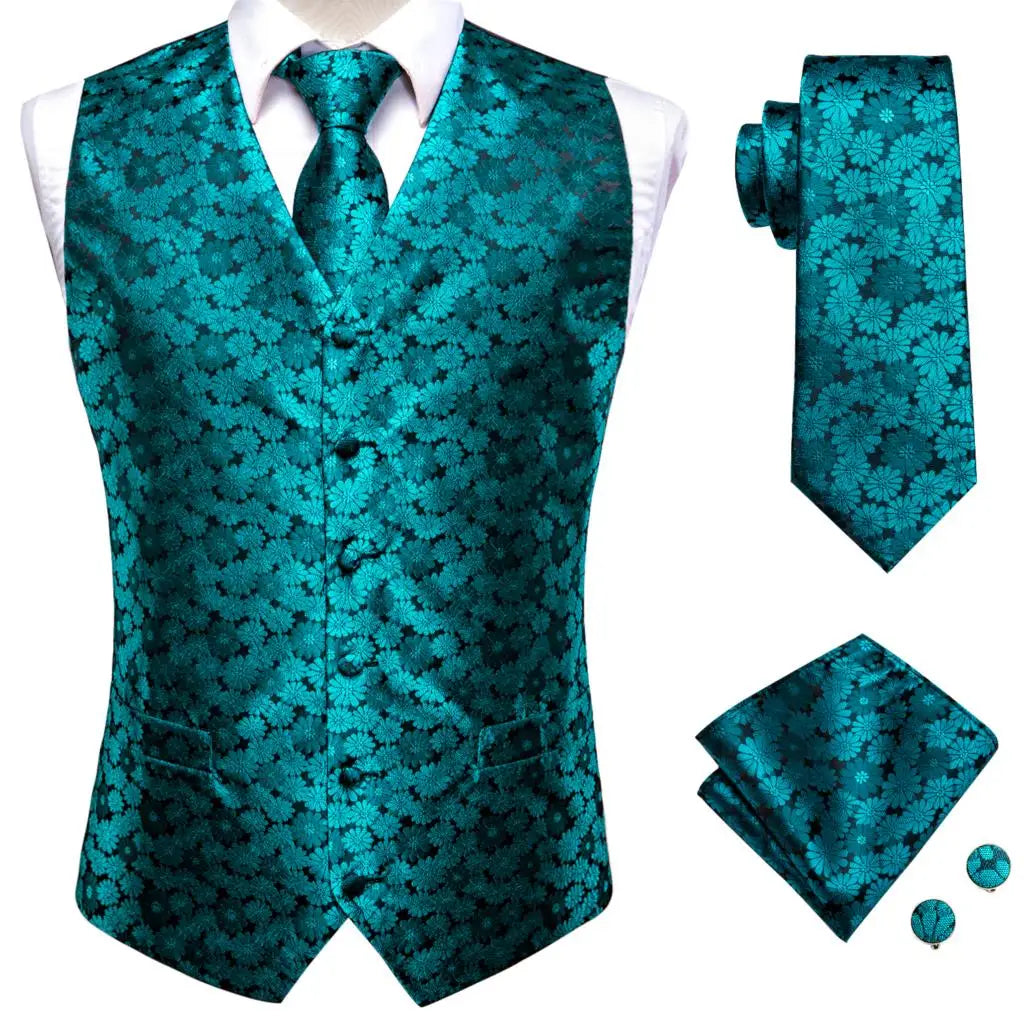 Hi-Tie 20 Color Silk Men's Vests Tie Slim Sleeveless Jacket Hanky Cufflink Waistcoat 4PC Suit