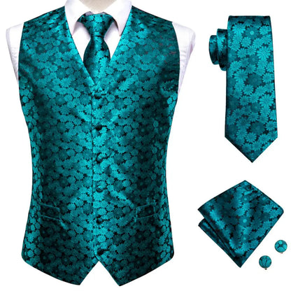 Hi-Tie 20 Color Silk Men's Vests Tie Slim Sleeveless Jacket Hanky Cufflink Waistcoat 4PC Suit