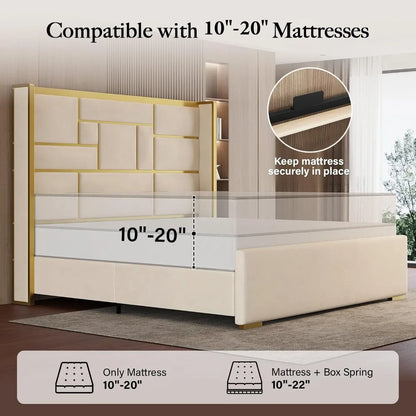 Queen Velvet Bed Frame with 55" Tall Headboard – Gold Trim, Beige