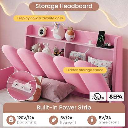 Twin Princess Bed Frame with Storage Drawer & LED Guardrails