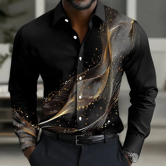Men’s 3D Gradient Waves Shirt – Long Sleeve Button‑Up Streetwear