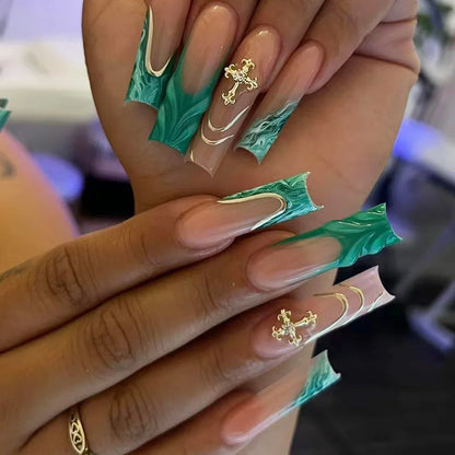 24Pcs Gold French Border False Long Coffin Press on Nails with Rhinestones Ballerina Full Cover