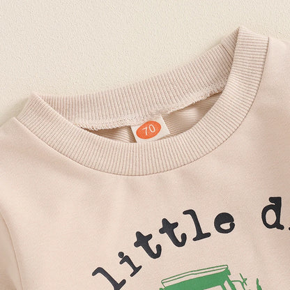 Boys Fall Set Letter Tractor Print Long Sleeve Round Neck Tops Drawstring Pocket Long Pants Outfits