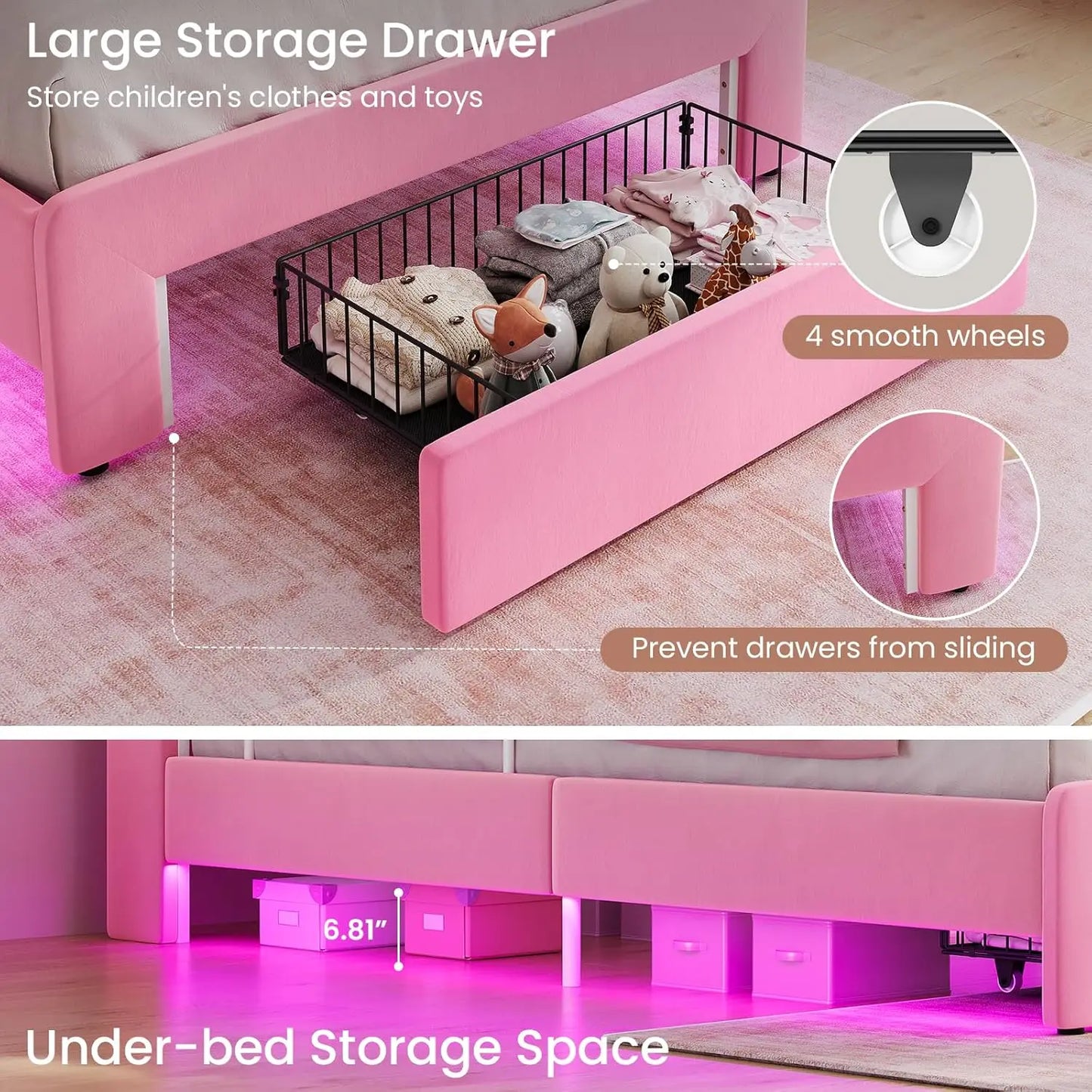 Twin Princess Bed Frame with Storage Drawer & LED Guardrails