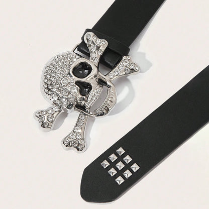 Gothic Skull Rhinestone Buckle Belt – Punk Y2K Rivet Hip‑Hop Accessory for Men & Women
