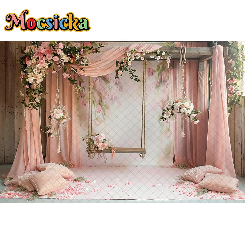 Mocsicka Photography Background Spring Indoor Wreath Cradle Decor Wedding Maternity Adult Kids Portrait Backdrop Photo Studio