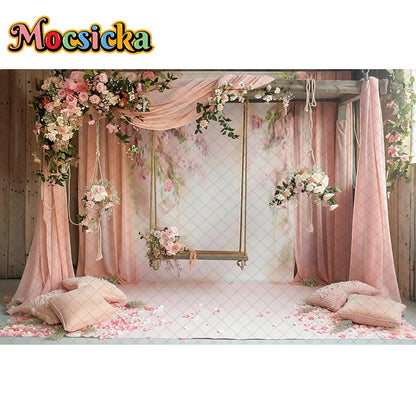 Mocsicka Photography Background Spring Indoor Wreath Cradle Decor Wedding Maternity Adult Kids Portrait Backdrop Photo Studio