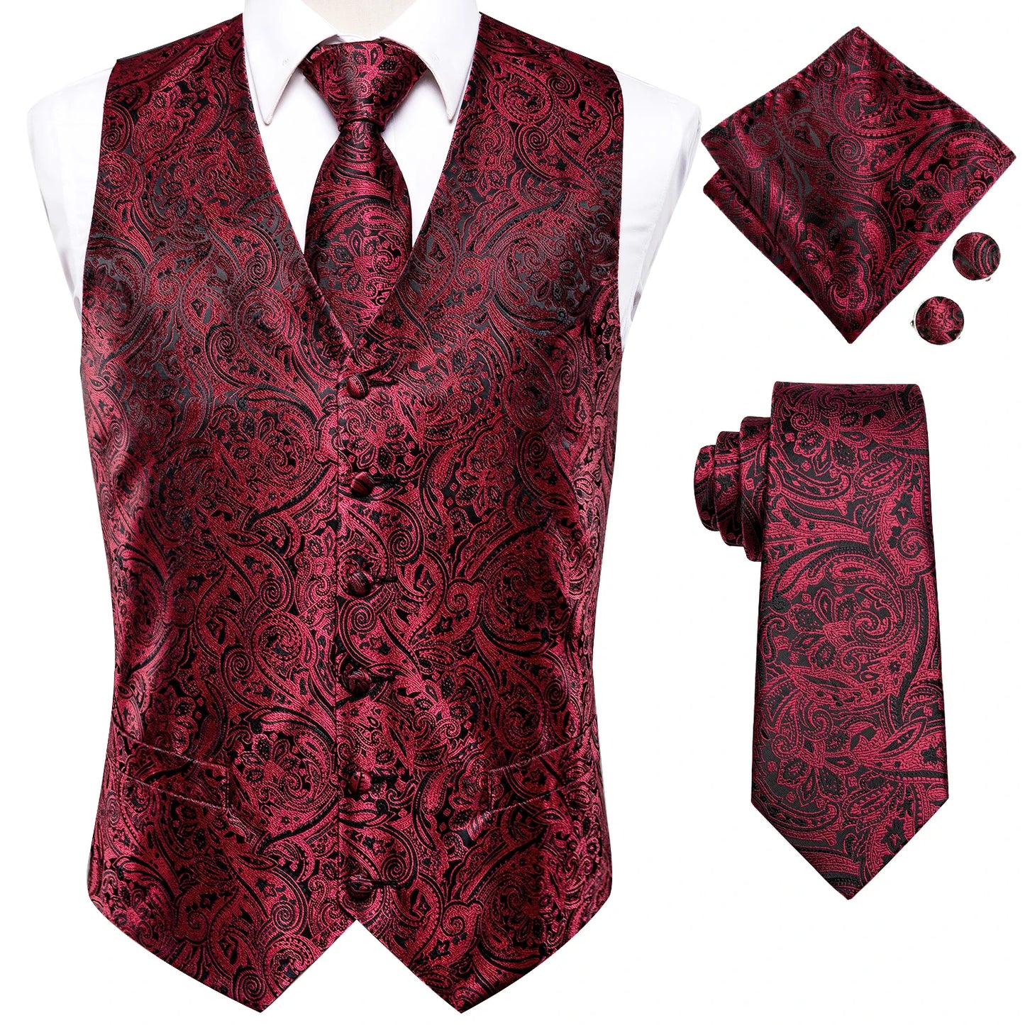 Hi-Tie 20 Color Silk Men's Vests Tie Slim Sleeveless Jacket Hanky Cufflink Waistcoat 4PC Suit