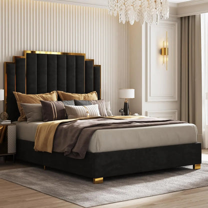 King Velvet Bed Frame with 65" Gold Trim Headboard – Black (Custom)