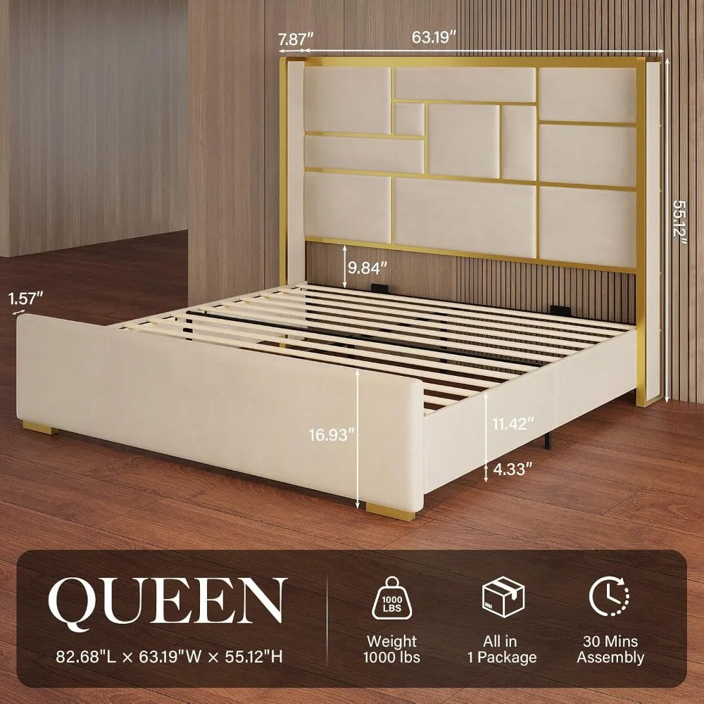 Queen Velvet Bed Frame with 55" Tall Headboard – Gold Trim, Beige