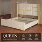 Queen Velvet Bed Frame with 55" Tall Headboard – Gold Trim, Beige
