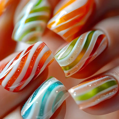 24pcs Gold Stripe Press‑On Nails – Long Square Full Cover Tips
