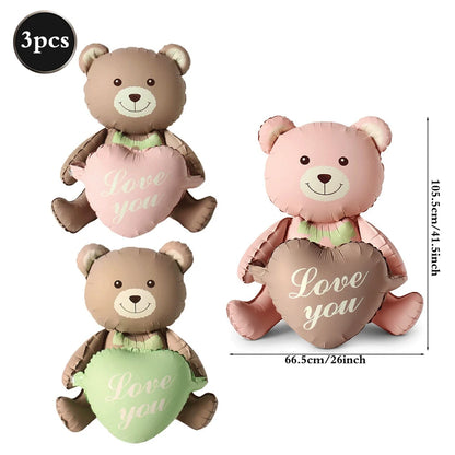 Matte Pink Brown Lying Bear Foil Balloons Love Heart Balloon for Valentines Day Decoration Bear Themed Birthday Wedding Supplies