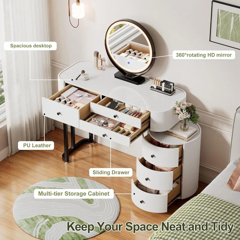 Round‑Mirror Vanity Desk with Lights — 6‑Drawer Makeup Table