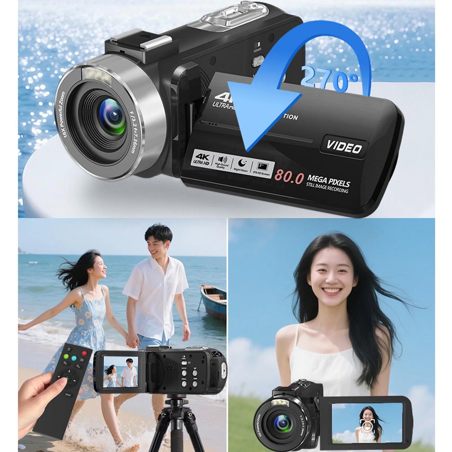 4K 80MP Camcorder – 18X Zoom, 3" Rotating Screen