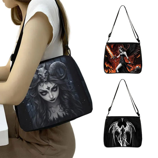Gothic Black Angel Pattern Women Shoulder Bag Demon Punk Handbags for Travel Key Purse Phone Holder Messenger Bag Crossbody Bag