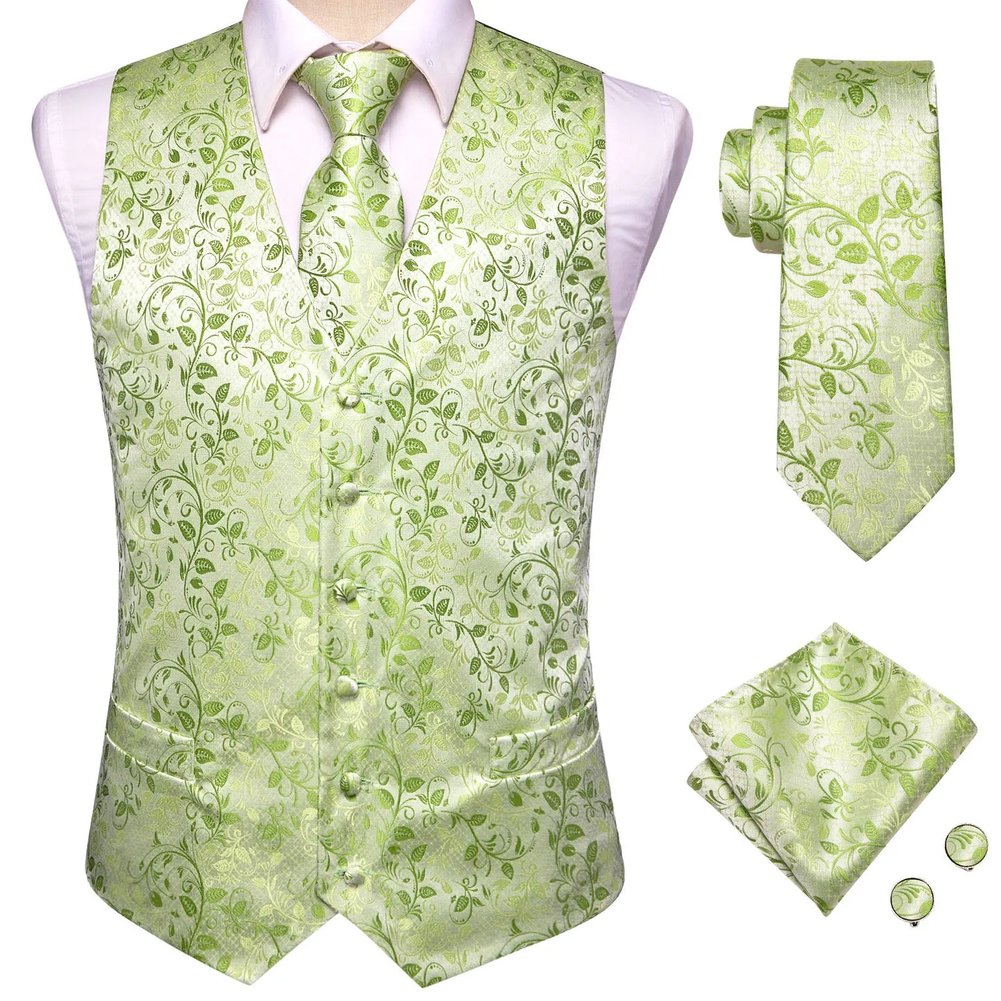Hi-Tie 20 Color Silk Men's Vests Tie Slim Sleeveless Jacket Hanky Cufflink Waistcoat 4PC Suit