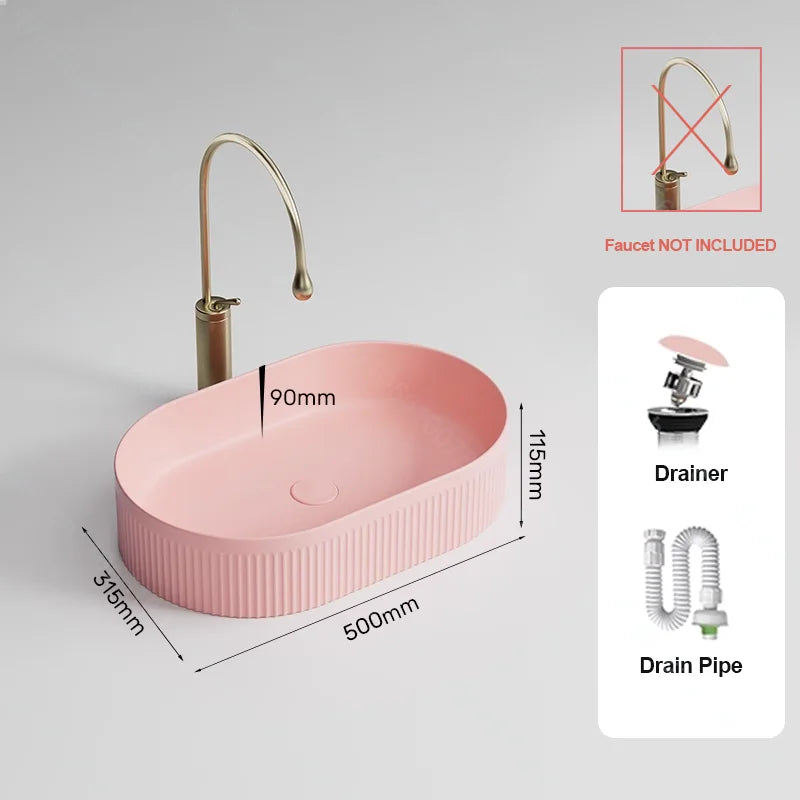 Pink Ceramic Vessel Sink – Modern Countertop Basin with Drain