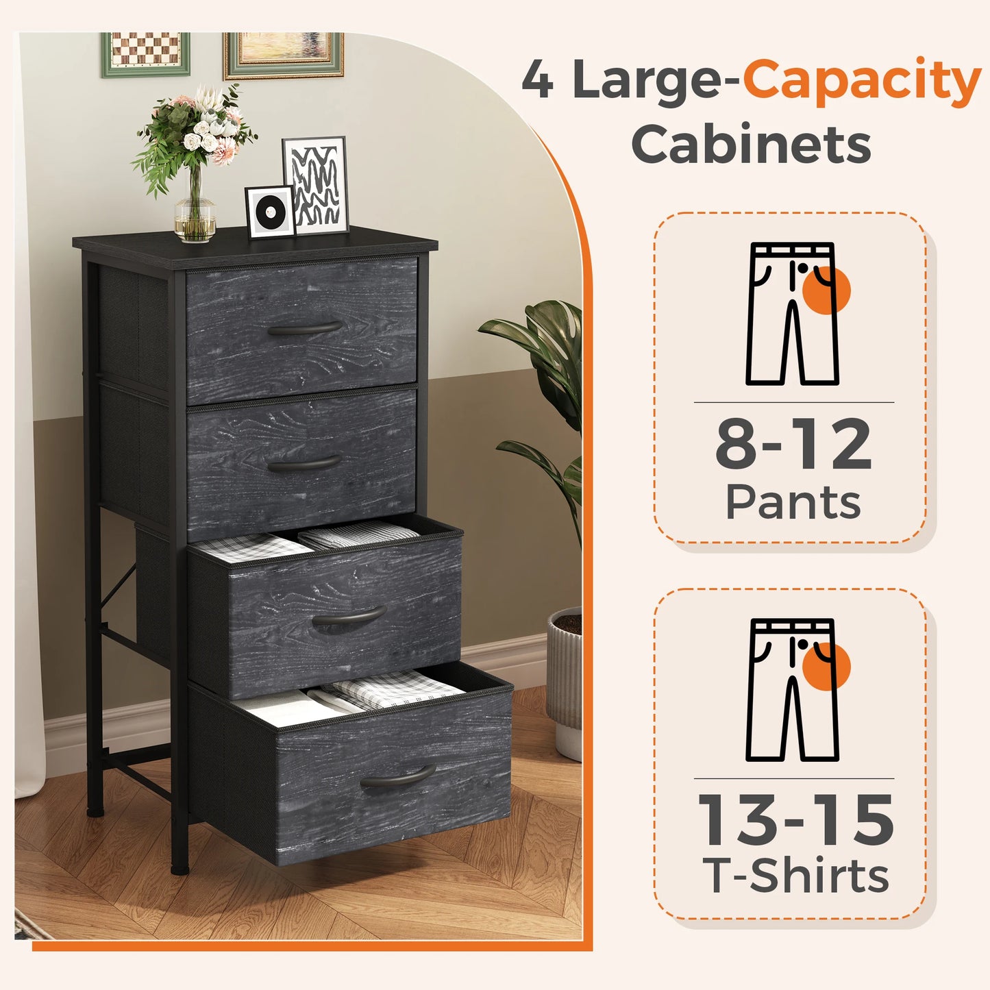 4‑Drawer Fabric Cabinet – Wood Top, Steel Frame