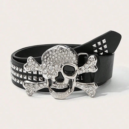 Gothic Skull Rhinestone Buckle Belt – Punk Y2K Rivet Hip‑Hop Accessory for Men & Women