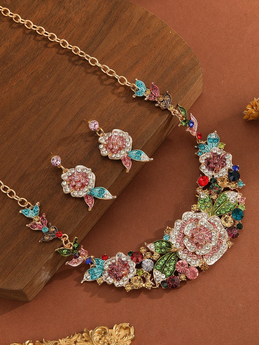 Mother’s Day Jewelry Gift:Luxury 3Pcs Rhinestone Flower Set for Women,Elegant Necklace&Dangle Earrings for Party Wedding Banquet