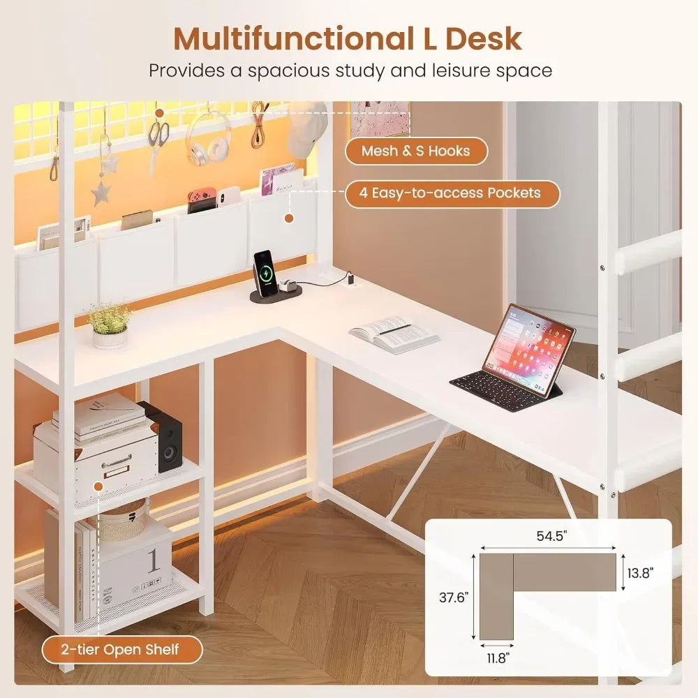 Full Loft Bed w/ L‑Desk, 7 Drawers, LED & USB — White