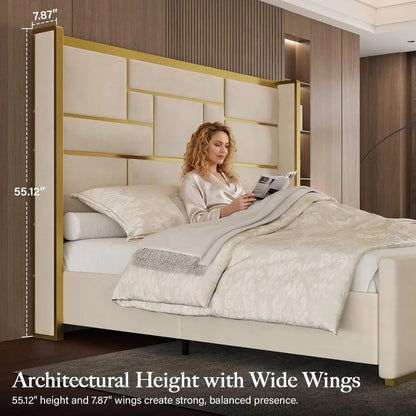 Queen Velvet Bed Frame with 55" Tall Headboard – Gold Trim, Beige