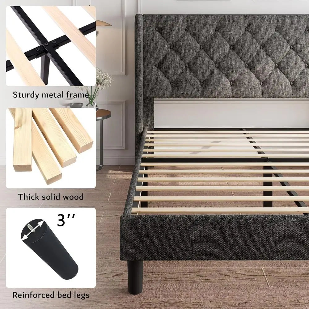 iPormis ull Size Platorm Bed e with Button Tuted board, Upholstered Bed e with Solid Wooden Slats, 8" Underbed Space, No Box Spr