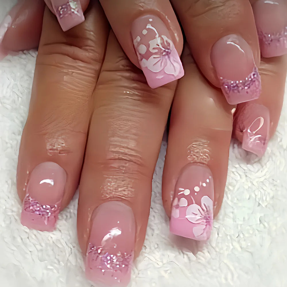24Pcs French Pink Press on Nails Short Square Head Fake Nails with Flower Rhinestone Design Wearable Finished False Nail Tips