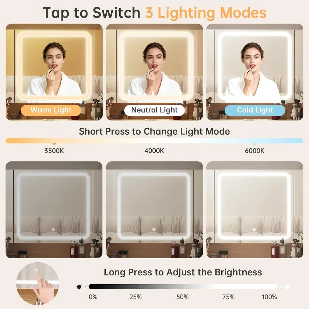 Tri‑Fold Vanity Mirror with 9 Drawers, LED Lights & Stool