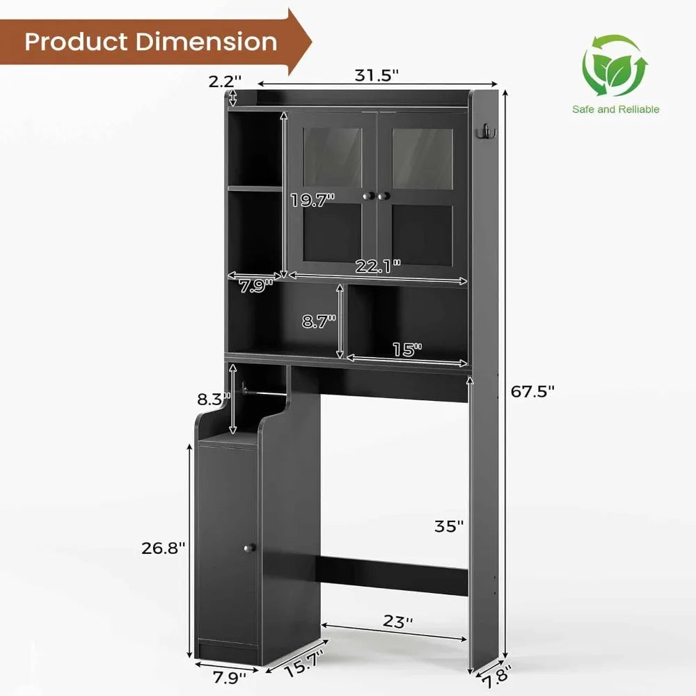 Over Toilet Storage Cabinet with Glass Doors & Paper Holder, Space-Saving Bathroom Organizer Rack for Home Restroom Laundry