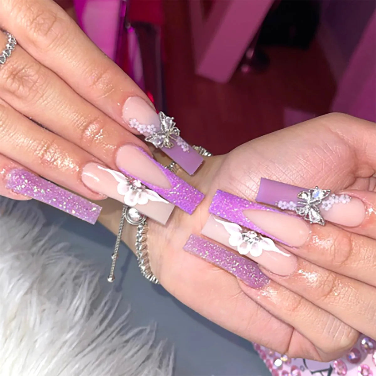 24Pcs Gold French Border False Long Coffin Press on Nails with Rhinestones Ballerina Full Cover