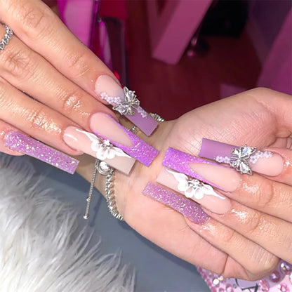 24Pcs Gold French Border False Long Coffin Press on Nails with Rhinestones Ballerina Full Cover
