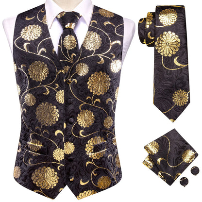 Hi-Tie 20 Color Silk Men's Vests Tie Slim Sleeveless Jacket Hanky Cufflink Waistcoat 4PC Suit