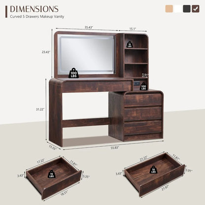 50" Vanity Desk with LED Mirror & Charging Station
