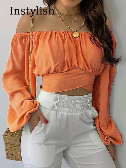 Women's Sexy Off Shoulder Chic and Elegant Lantern Long Sleeve Lace Up Bow Slim Cropped Tops