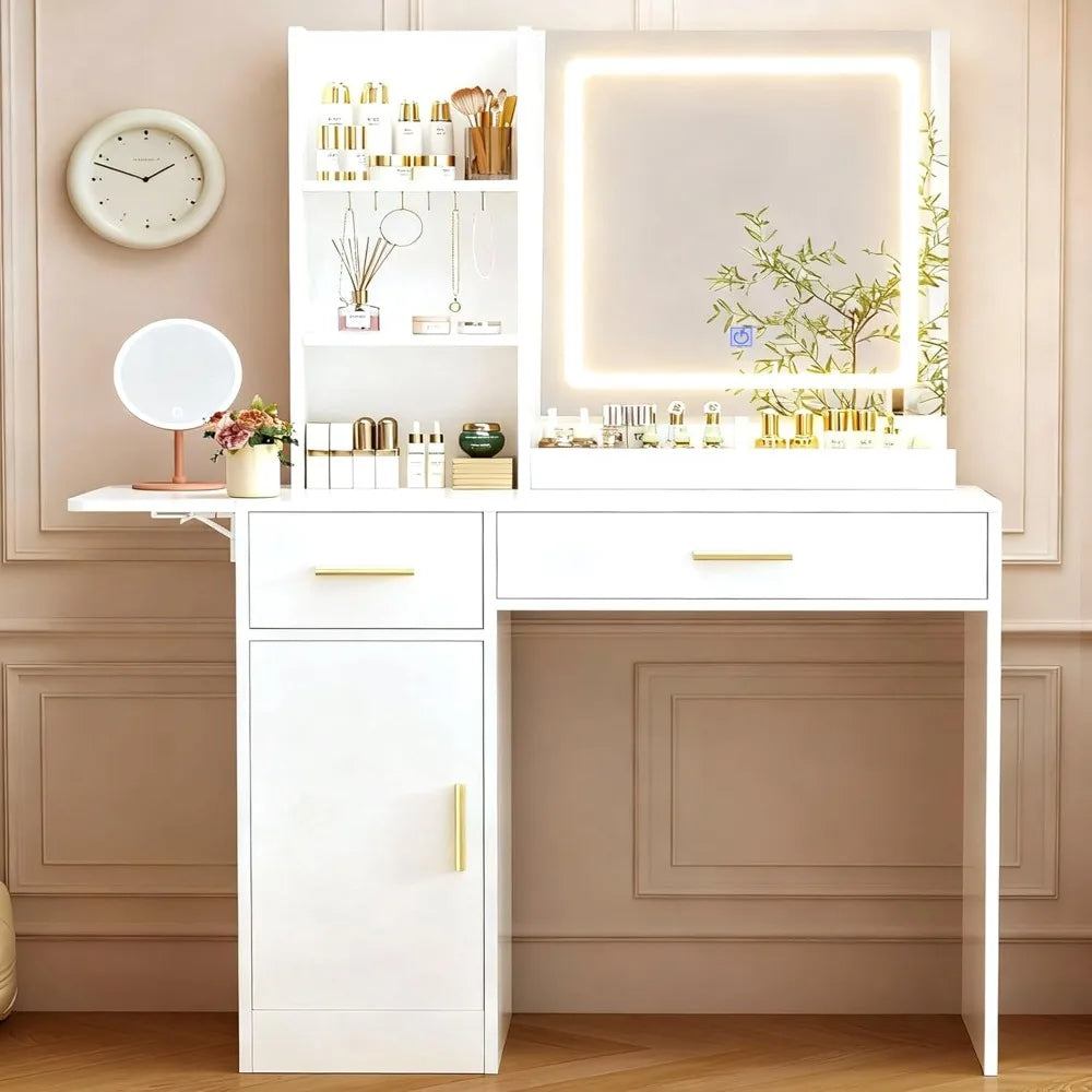 39" Vanity Desk with LED Mirror, Power Outlet & Drawers (Custom)
