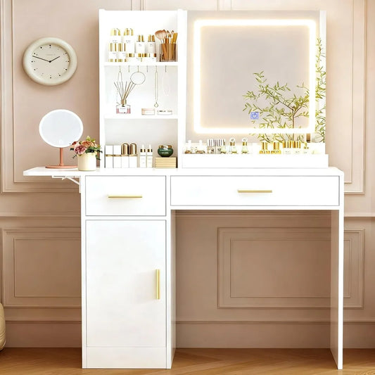 39" Vanity Desk with LED Mirror, Power Outlet & Drawers (Custom)