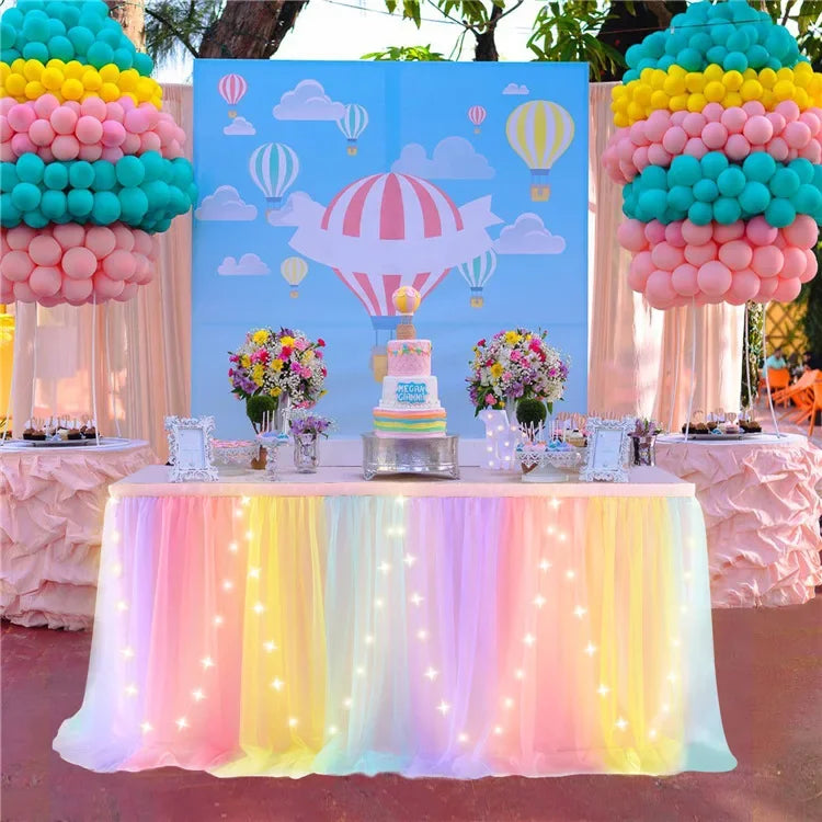 Tulle Table Skirt with LED Lights 6FT Table Cloth for Baby Shower Wedding Birthday Party Bar Home Table Valentine's Day Decor