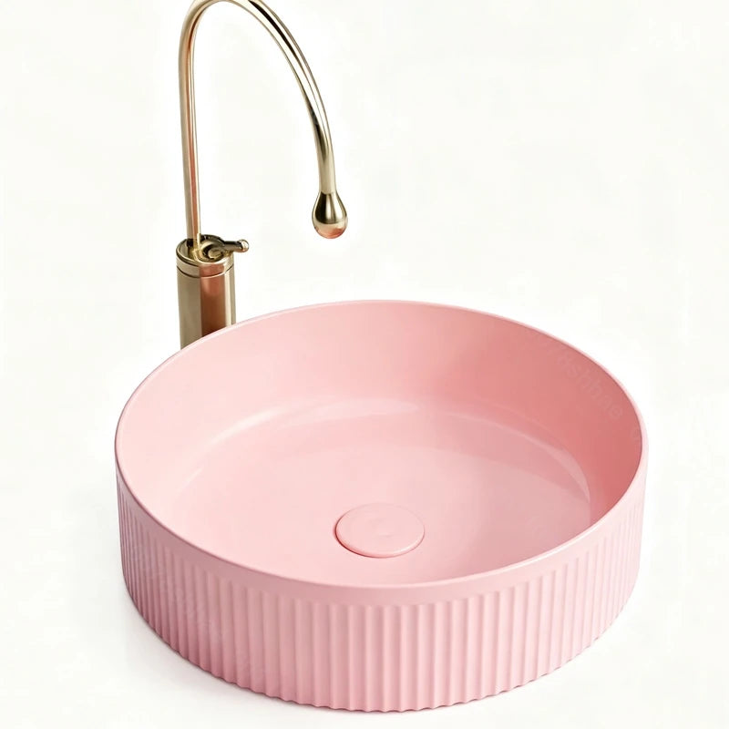 Pink Ceramic Vessel Sink – Modern Countertop Basin with Drain