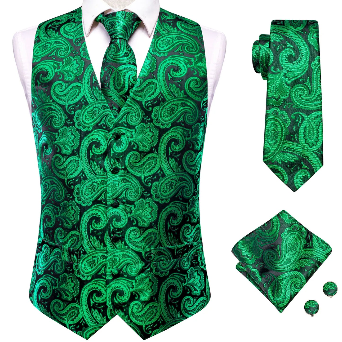 Hi-Tie 20 Color Silk Men's Vests Tie Slim Sleeveless Jacket Hanky Cufflink Waistcoat 4PC Suit