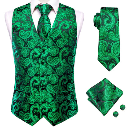 Hi-Tie 20 Color Silk Men's Vests Tie Slim Sleeveless Jacket Hanky Cufflink Waistcoat 4PC Suit
